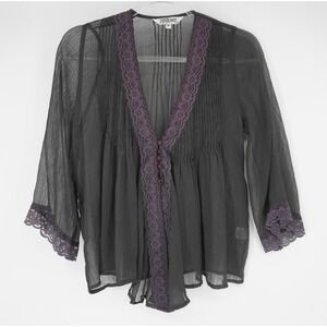 Vintage Tramp Sheer Black Baby doll Blouse Purple Lace Trim Bell Sleeve Goth